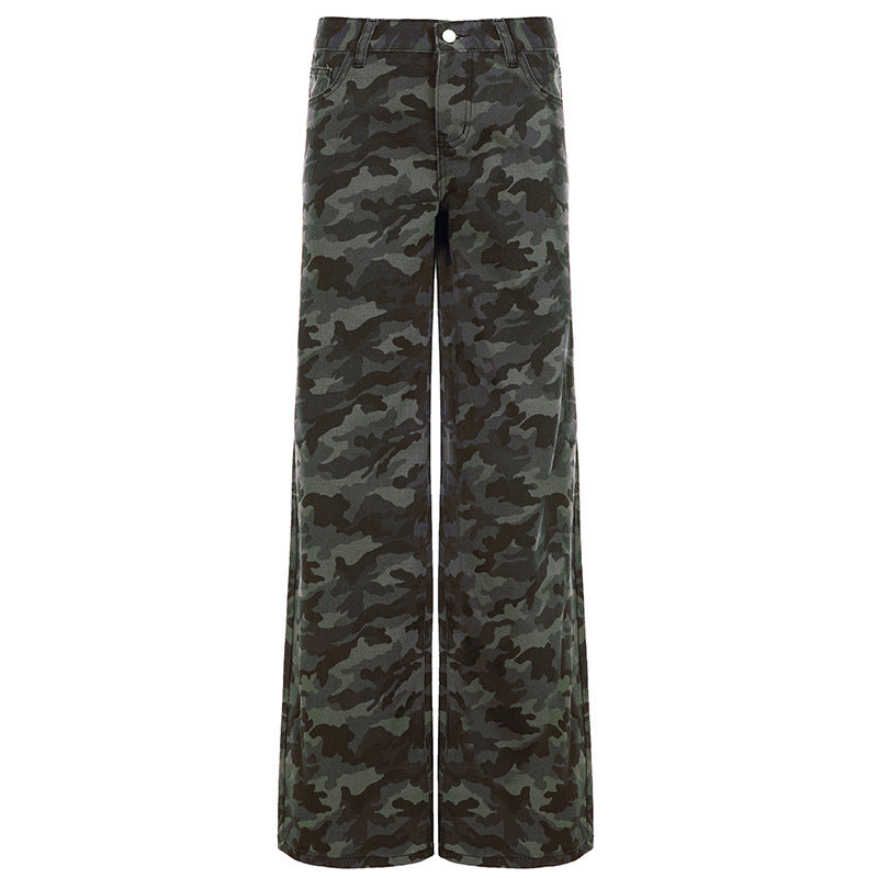 Women's Camouflage Denim Flared Pants with High Waist and Wide Leg Mune Fashion