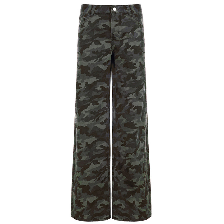 Women's Camouflage Denim Flared Pants with High Waist and Wide Leg Mune Fashion