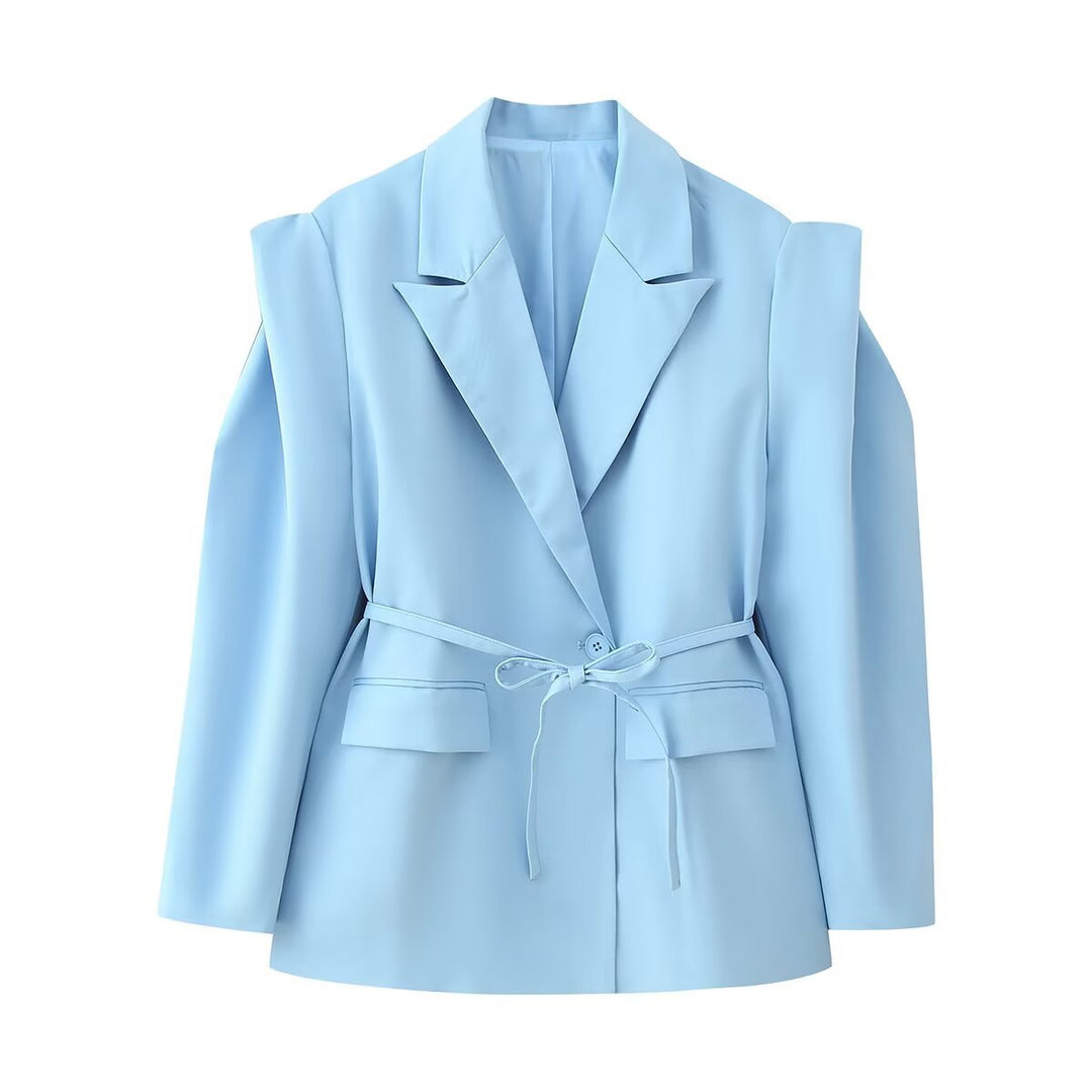 Women's Tailored One-Button Blazer with Tied Belt and Shoulder Cut-Out Mune Fashion