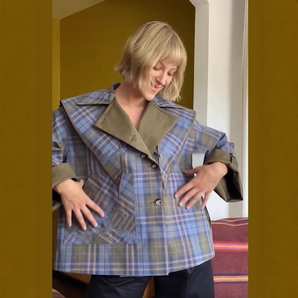 Women’s short jacket with check collar, tie scarf, and monogram pocket Mune Fashion
