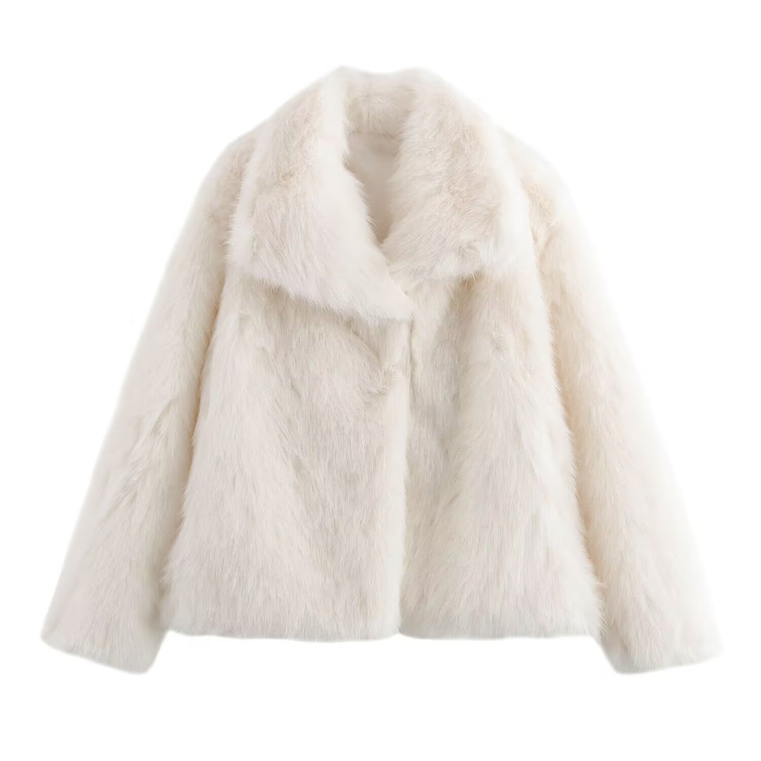 Women short cut boxy faux fur coat with shawl collar Mune Fashion