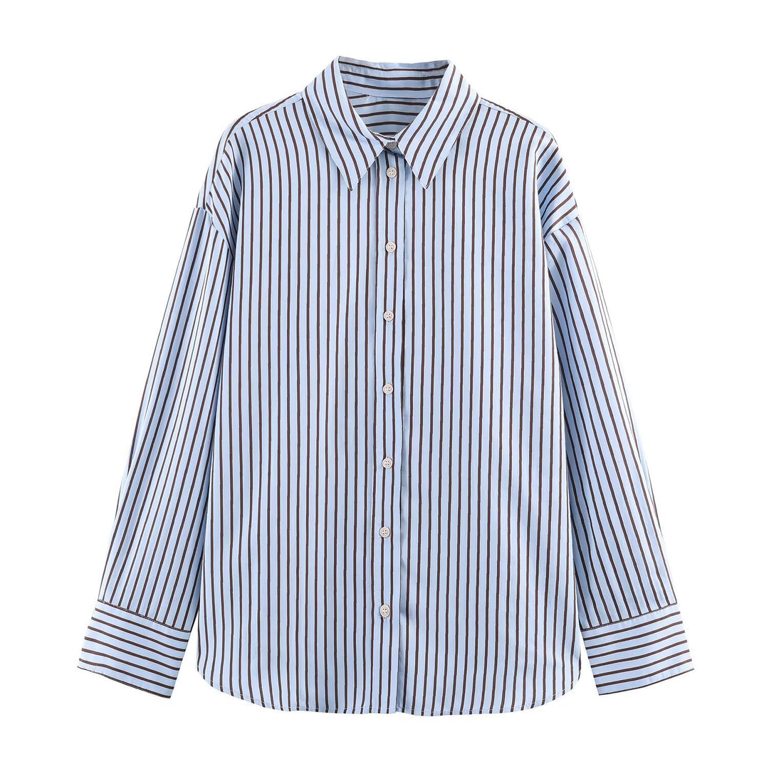 Women’s Oversize Striped Shirt Blouse with Kent Collar, Continuous Button Placket and Long Cuff Mune Fashion