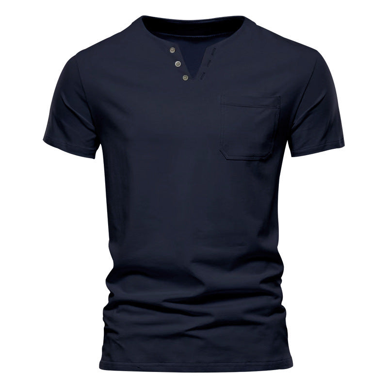 Men's tailored short sleeve Henley shirt with chest pocket and asymmetrical button placket Mune Fashion