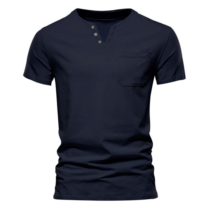 Men's tailored short sleeve Henley shirt with chest pocket and asymmetrical button placket Mune Fashion