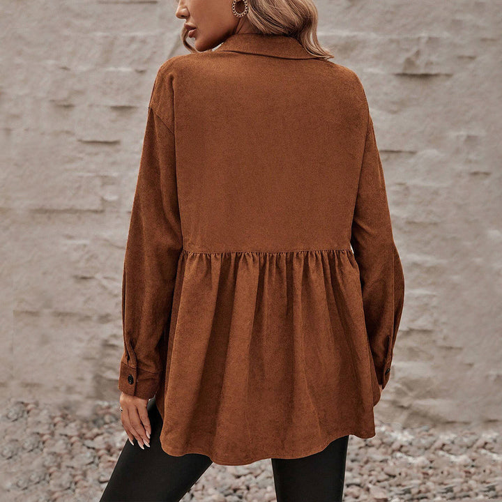 Women's Cord Peplum Blouse with Shirt Collar, Set-in Breast Pockets, and Continuous Button Placket Mune Fashion
