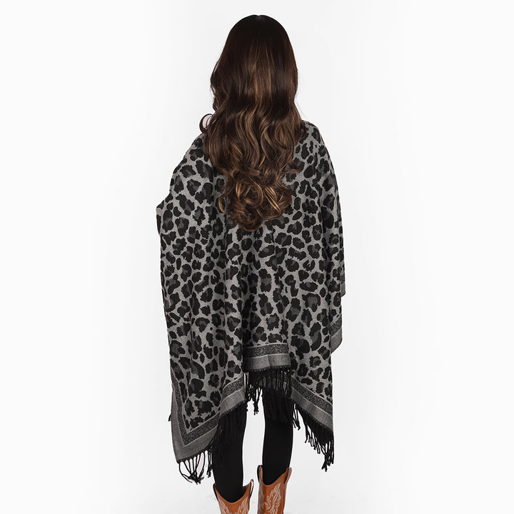 Women's chunky woven overlay in denim look with tonal animal jacquard and fringed hem Mune Fashion