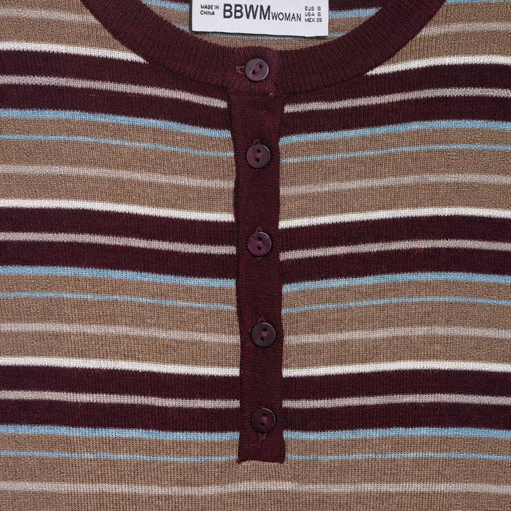 Women's Striped Fine-Knit Henley Shirt with Button Placket and Slim Fit Mune Fashion