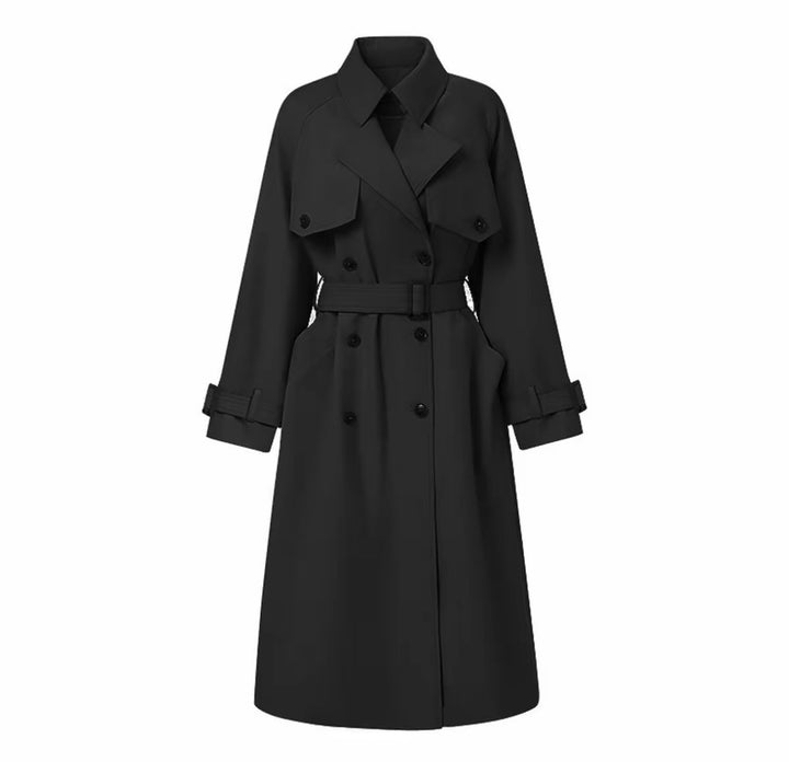 Women's elegant midi trench coat with oversized shoulder flap, gathered sleeves, and waist-defining tie belt Mune Fashion