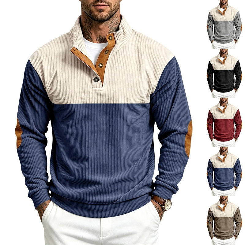 Men's Structured Ribbed Henley Half-Zip with Stand Collar and Elbow Patches Mune Fashion