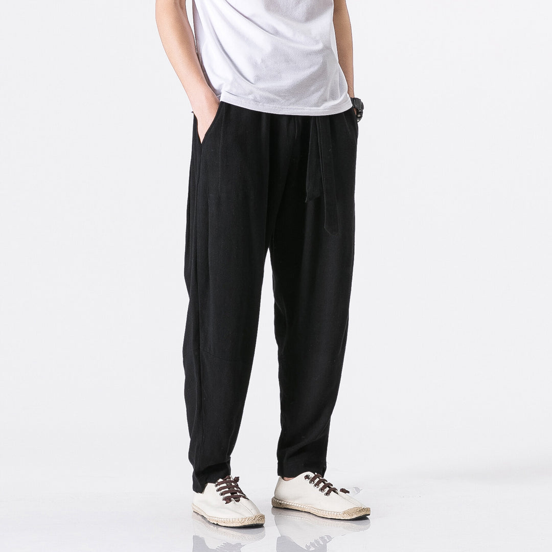 Men's relaxed linen-cotton harem jogger pants with concealed drawstring and tapered leg Mune Fashion