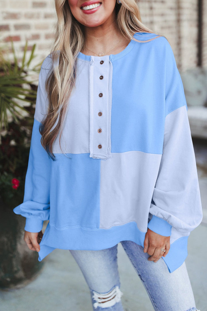 Women's Oversize Colorblock Sweatshirt with Henley Button Placket, Balloon Sleeves and Ribbed Hem Mune Fashion