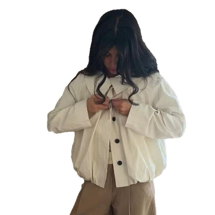 Women's Lightweight Cropped Blouse Jacket with Boxy Silhouette, Oversized Shirt Collar and Balloon Sleeves Mune Fashion