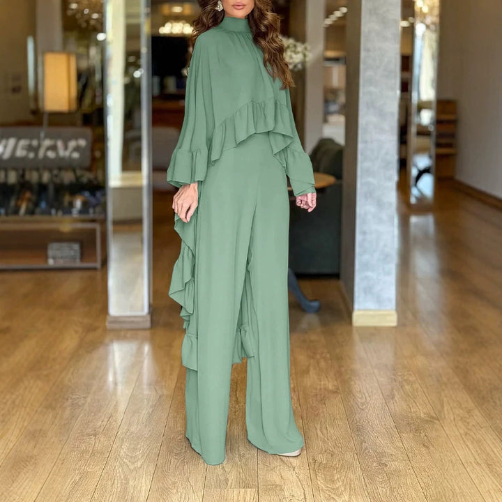 Women's Elegant Jumpsuit with Cape Ruffle and Wide Palazzo Pants Leg Drune