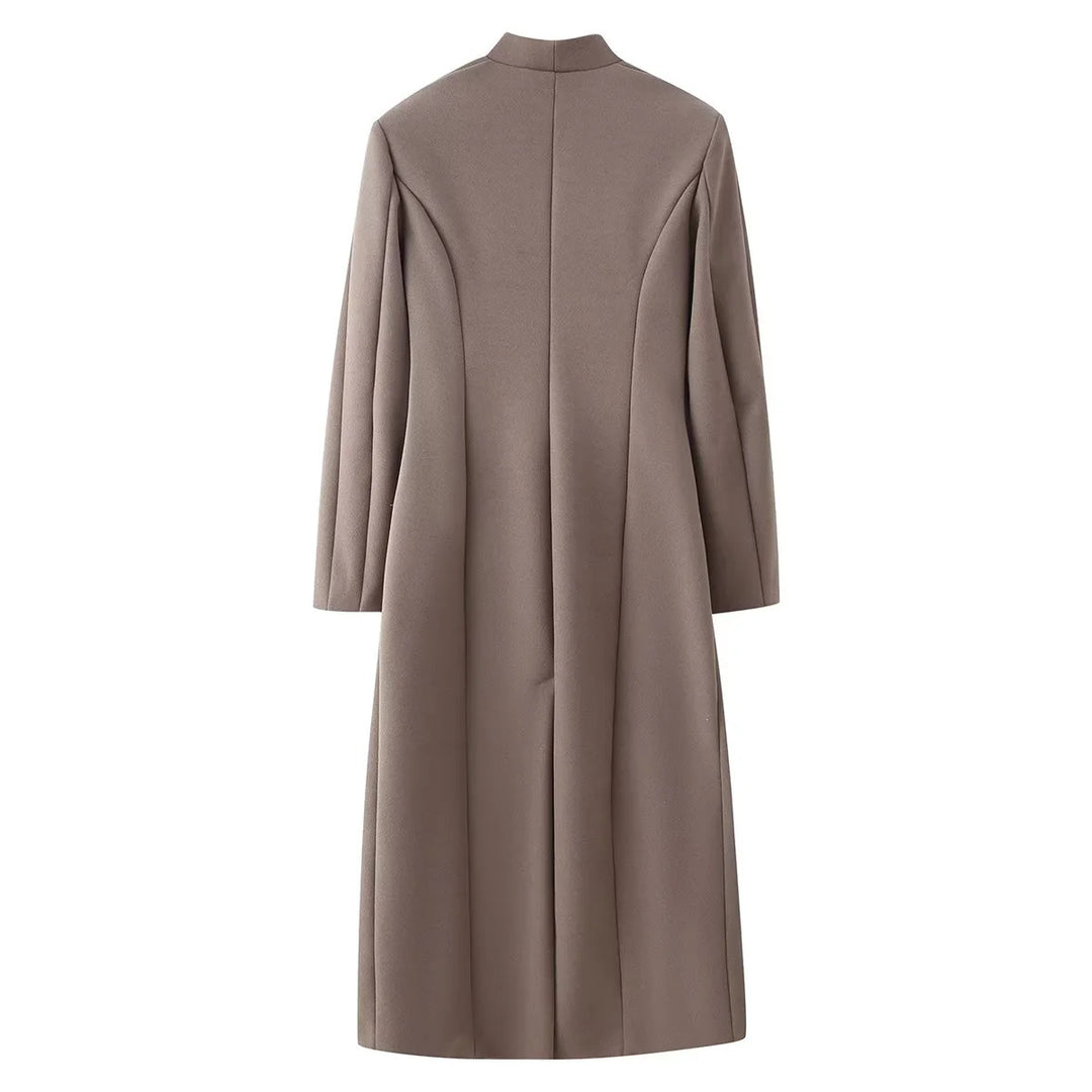 Women's nano minimalist long coat with narrow shawl collar and patch pockets Mune Fashion