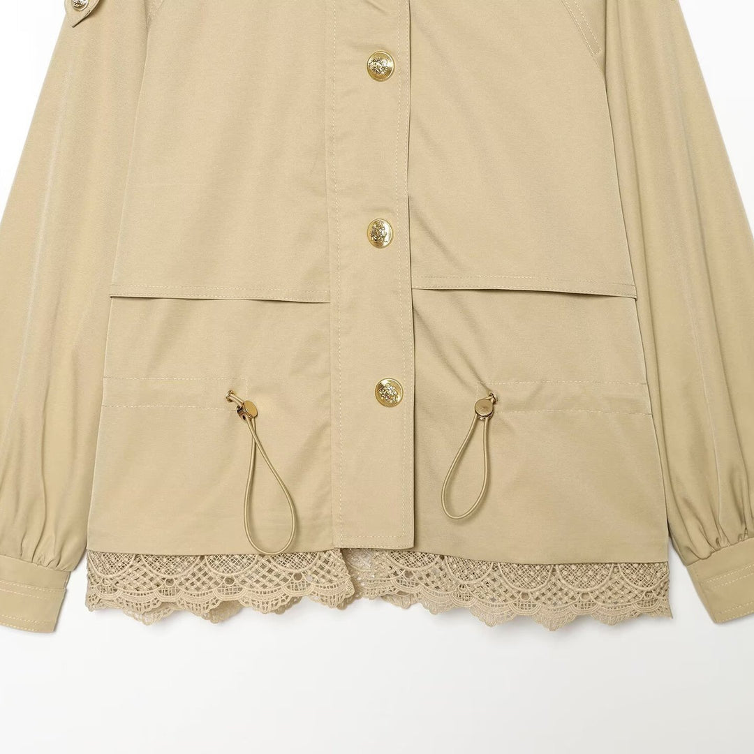 Women's lightweight field jacket with drawstring, stand-up collar, epaulettes, and lace trim Mune Fashion