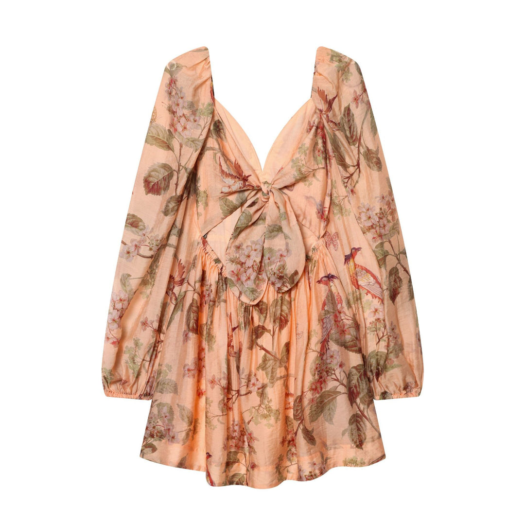 Women's floral V-neck tiered midi dress with deep neckline and gathered waist section Mune Fashion