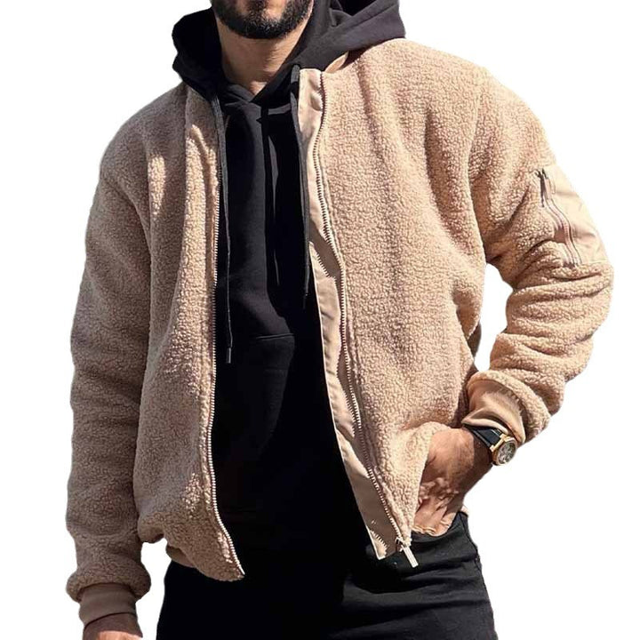 Men's Teddy-Fleece Bomber Jacket with Zipper and Arm Pocket Mune Fashion