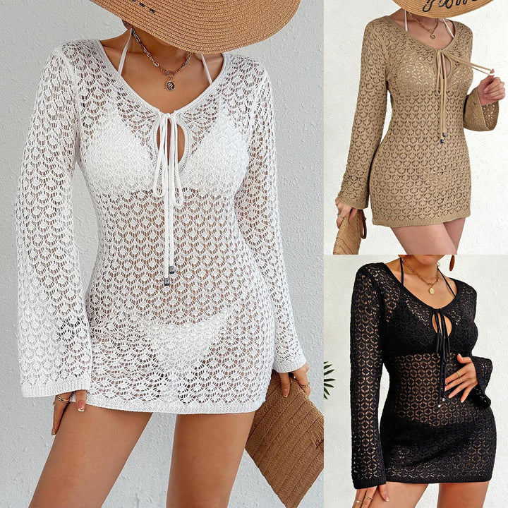 Women's Crochet Beach Dress with Deep V-Neck and Wide Sleeves Mune Fashion