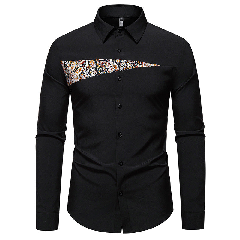 Men's Slim-Fit Business Shirt with Paisley Chest Insert and Kent Collar Mune Fashion