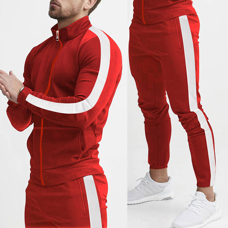Men's fitted sports outfit with stand-up collar, full-length zip and tapered sports pants with side stripes Mune Fashion