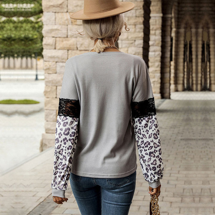 Women’s Long Sleeve Shirt with Leopard Sleeves and Lace Trim Mune Fashion