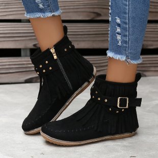 Ladies' ankle-high fringe boots in suede look with decorative buckle, decorative studs, and padded comfort insole Mune Fashion