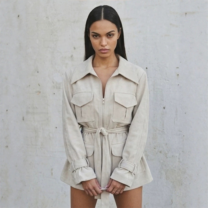 Ladies short jacket in utility shacket style with waist drawstring Mune Fashion