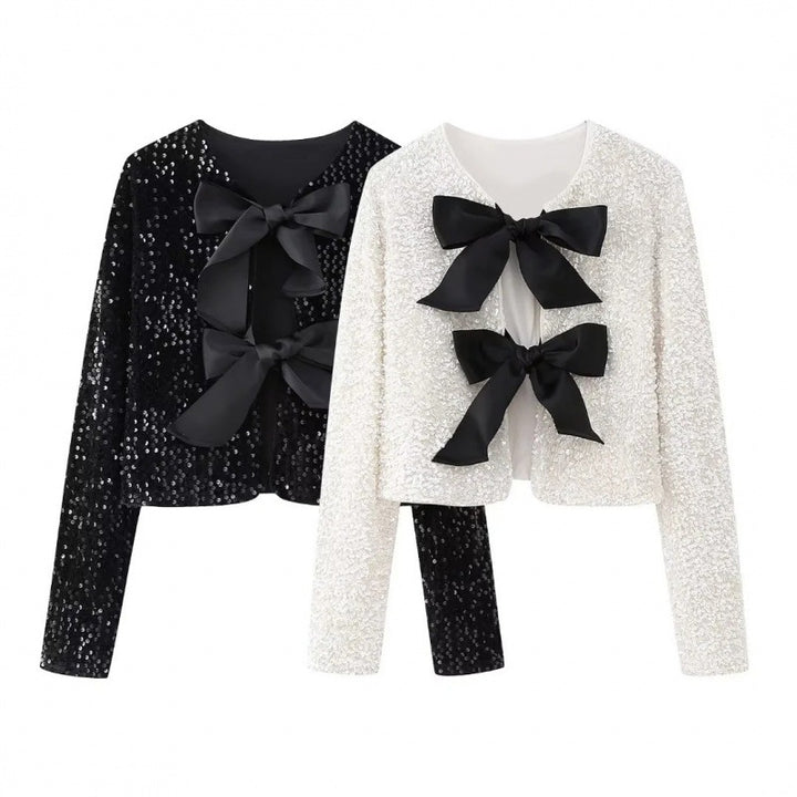 Women Sequin Bolero Jacket with Decorative Satin Bows Mune Fashion