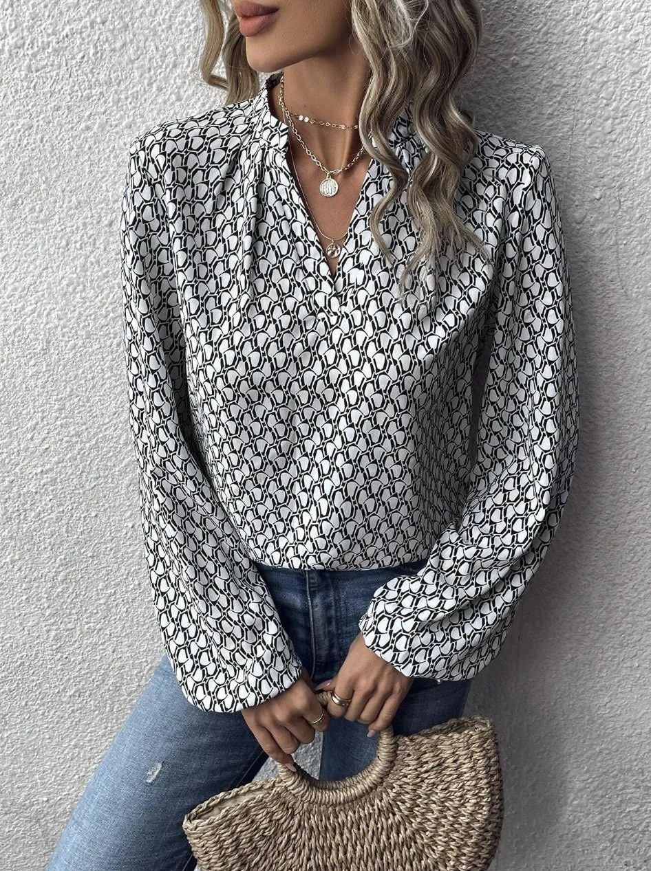 Ladies Printed Viscose Blouse with Stand Collar and Balloon Sleeves Drune
