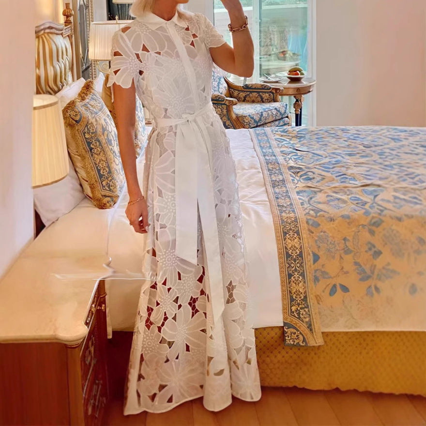 Women's long lace dress with shirt blouse collar, floral cut-out lace, and tie belt Mune Fashion