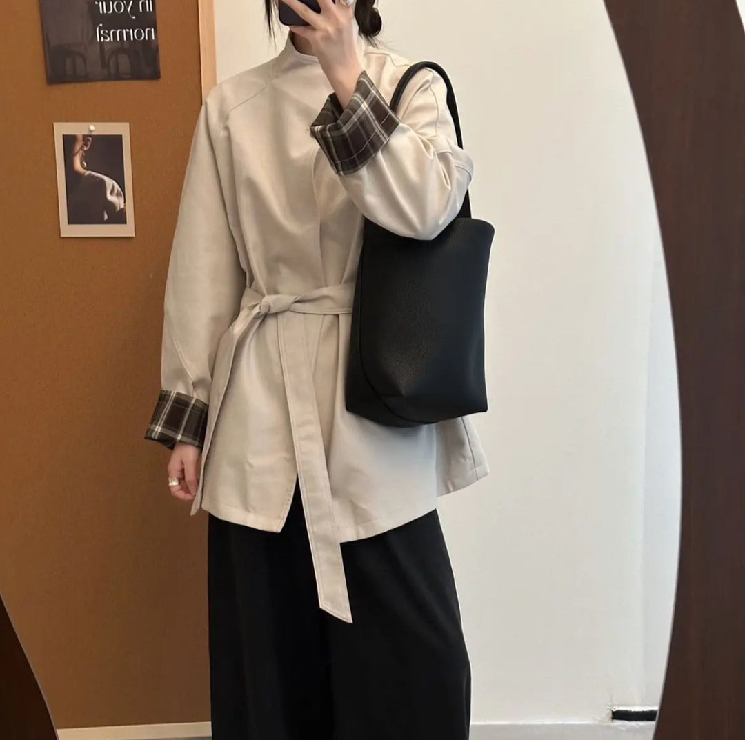 Women Tailored Transitional Parka with Tie Belt and Checked Sleeve Trim Mune Fashion