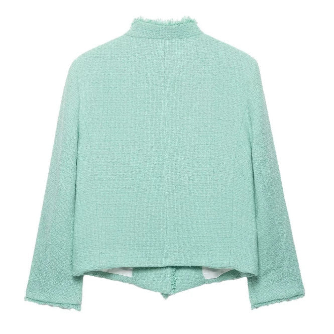 Women Cropped Boucle Jacket with Asymmetrical Button Placket and Fringe Hem Mune Fashion