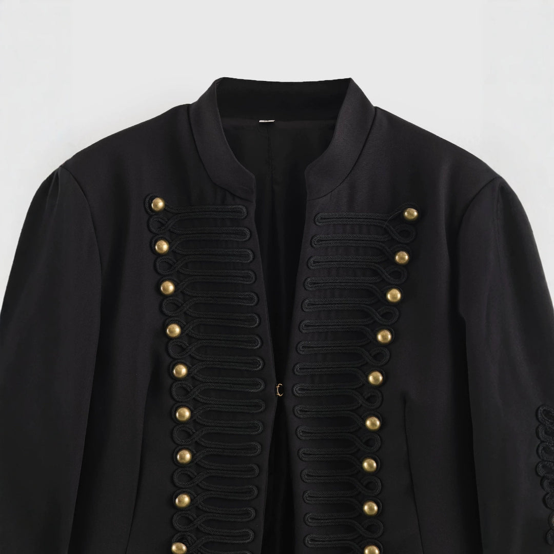 Women's Short Blazer with Stand Collar, Decorative Cords and Brass Buttons Drune
