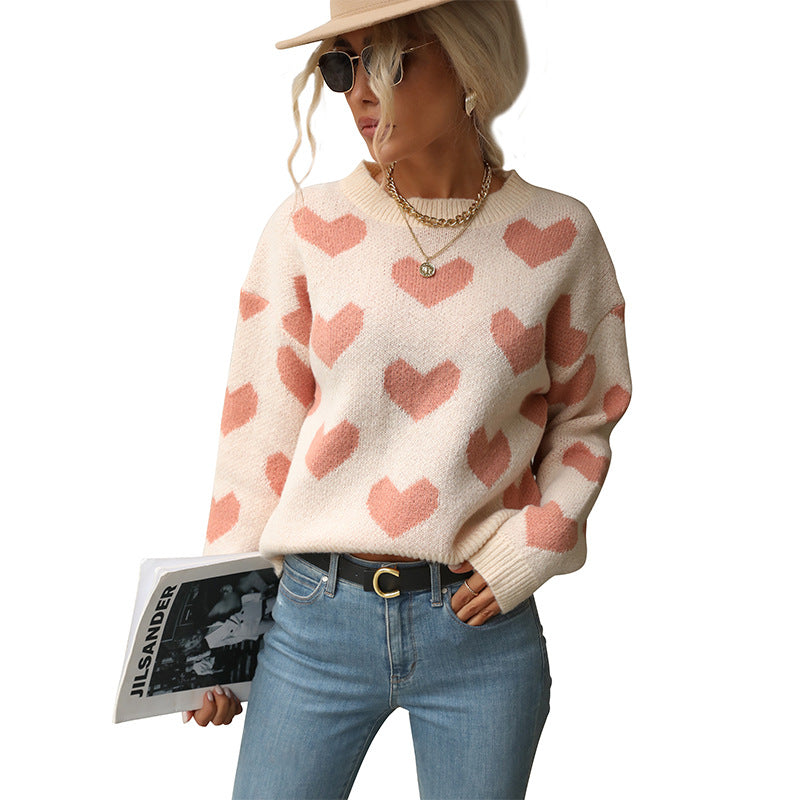 Women's Oversized Sweater with Heart Jacquard and Round Neckline Mune Fashion