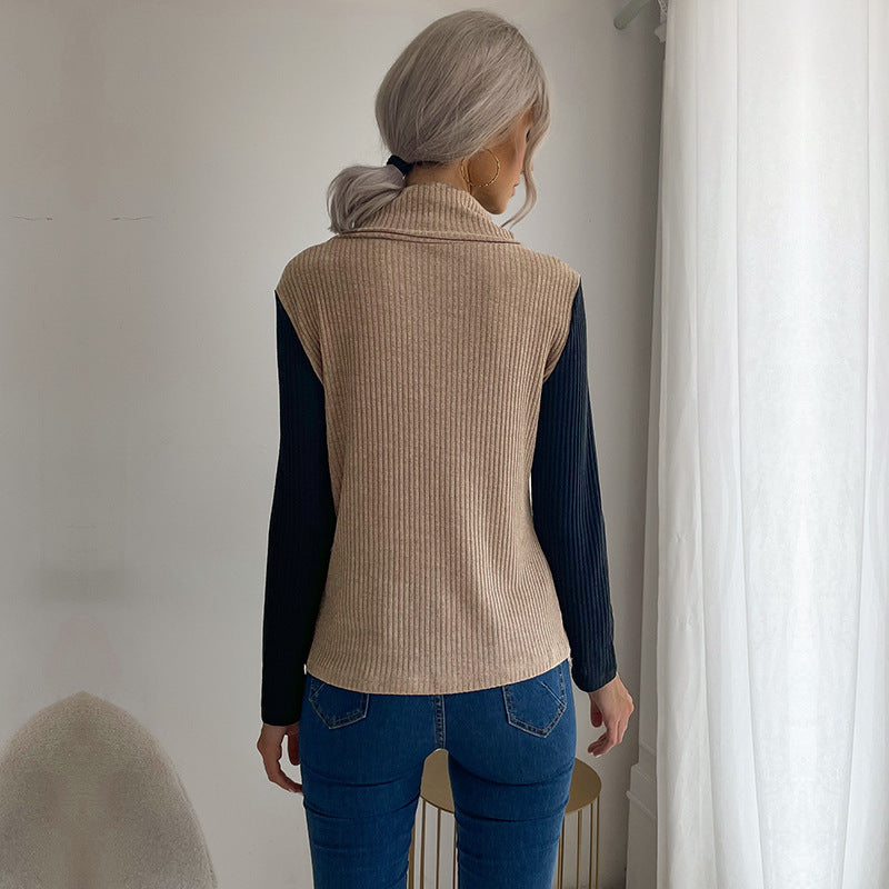 Ladies Asymmetric Ribbed Knit Layering Top with Roll Neck and Decorative Button Placket Mune Fashion