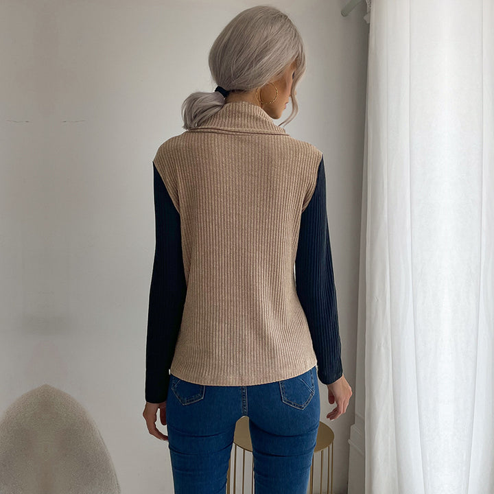 Ladies Asymmetric Ribbed Knit Layering Top with Roll Neck and Decorative Button Placket Mune Fashion