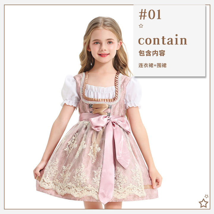 Ladies' festive children's dirndl with lace top, satin apron, and puff sleeves Mune Fashion