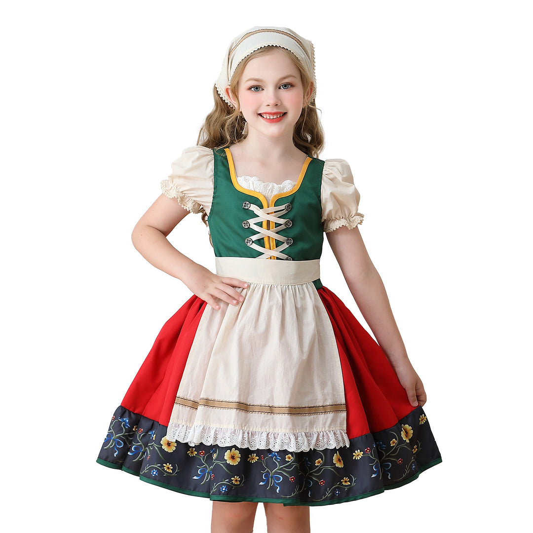 Ladies' traditional children's dirndl dress with decorative lacing apron and lace headscarf Mune Fashion