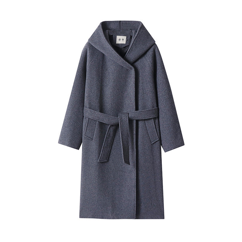 Women's Maxi Coat with Oversized Hood, Tie Belt and Minimalist Wool Blend Silhouette Mune Fashion