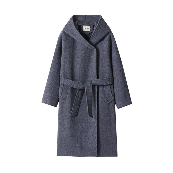 Women's Maxi Coat with Oversized Hood, Tie Belt and Minimalist Wool Blend Silhouette Mune Fashion
