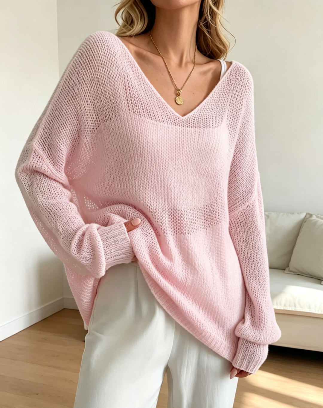 Women's Oversized Knit Sweater with Deep V-Neck and Fine Open Knit Structure Mune Fashion