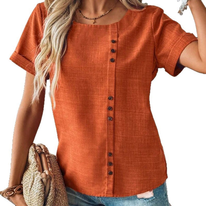 Women's bauchfreies linen-look top with asymmetrical button placket and rolled sleeves Mune Fashion