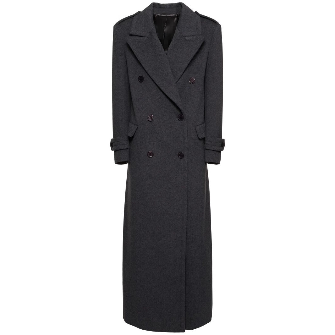 Women Long Double-Breasted Wool Coat with Waist Belt Mune Fashion