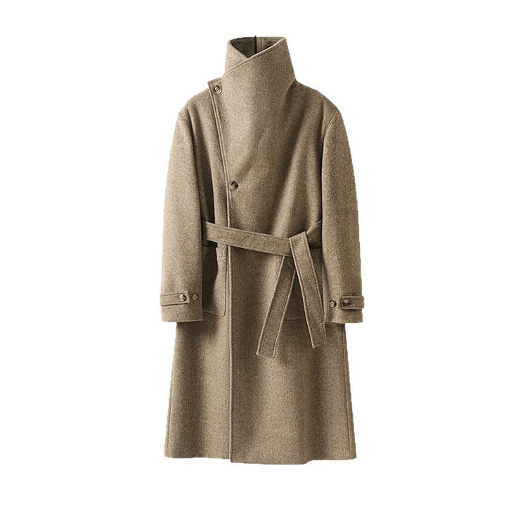 Men's Maxilength Wool Coat with High Stand-up Collar, Asymmetric Button Placket and Tied Belt Mune Fashion