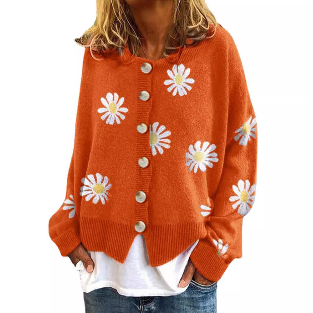 Women's Oversized Knit Cardigan with Button Placket and Daisy Print Mune Fashion