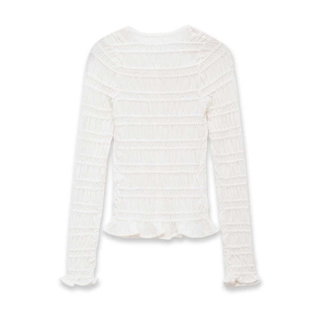 Women's Smocked Long Sleeve Top with Ruffle Hem and Fitted Cut Mune Fashion