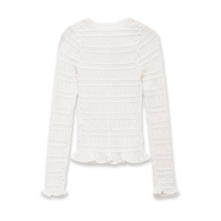 Women's Smocked Long Sleeve Top with Ruffle Hem and Fitted Cut Mune Fashion