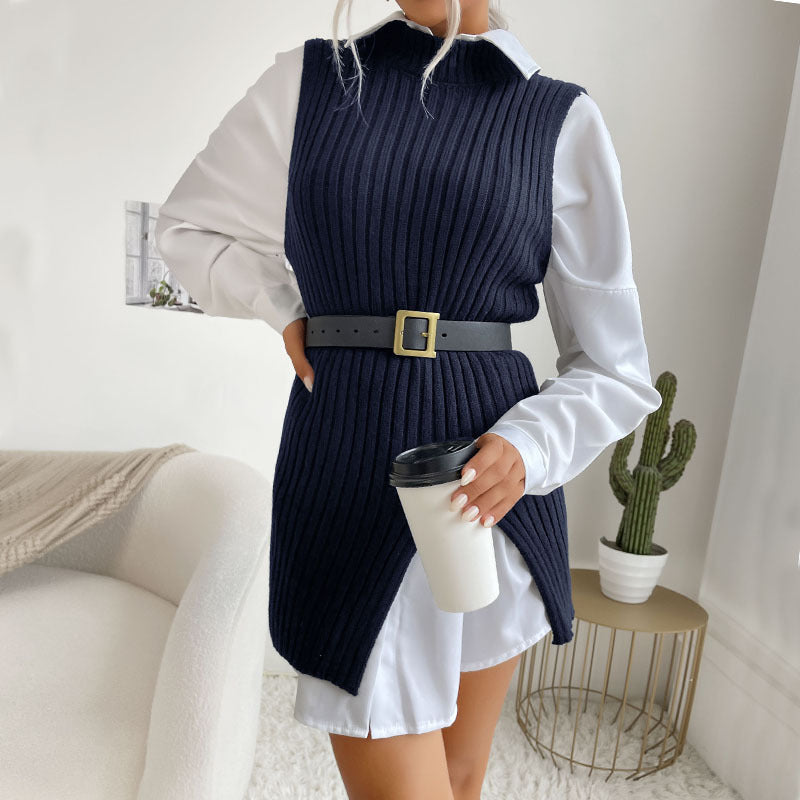 Women's Ribbed Knit Tunic with Stand-up Collar, Side Slits and Fitted Silhouette Mune Fashion