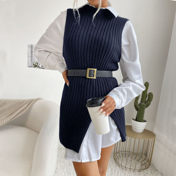 Women's ribbed long vest with side slits, tapered belt and longline cut Mune Fashion