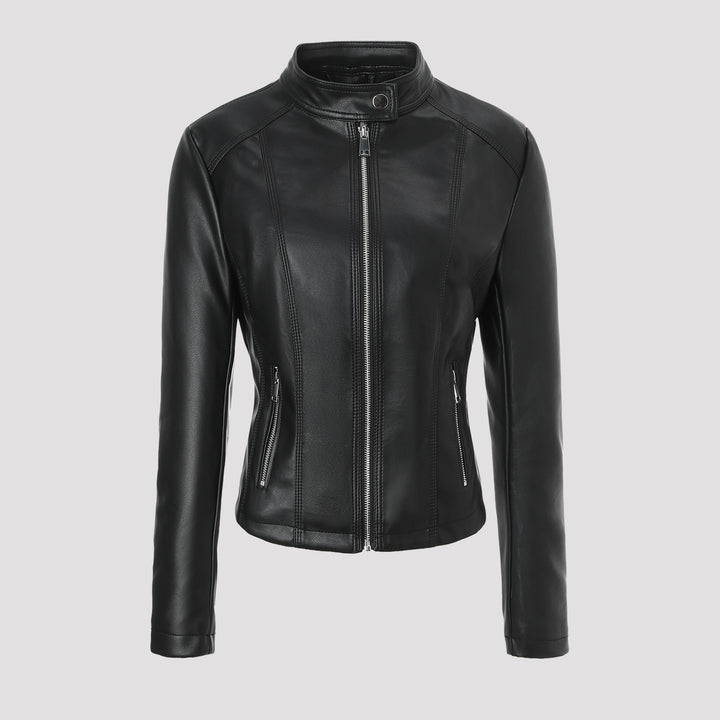 Women Tailored Leather Jacket with Stand-Up Collar, Vertical Decorative Seams and Zipper Pockets Mune Fashion